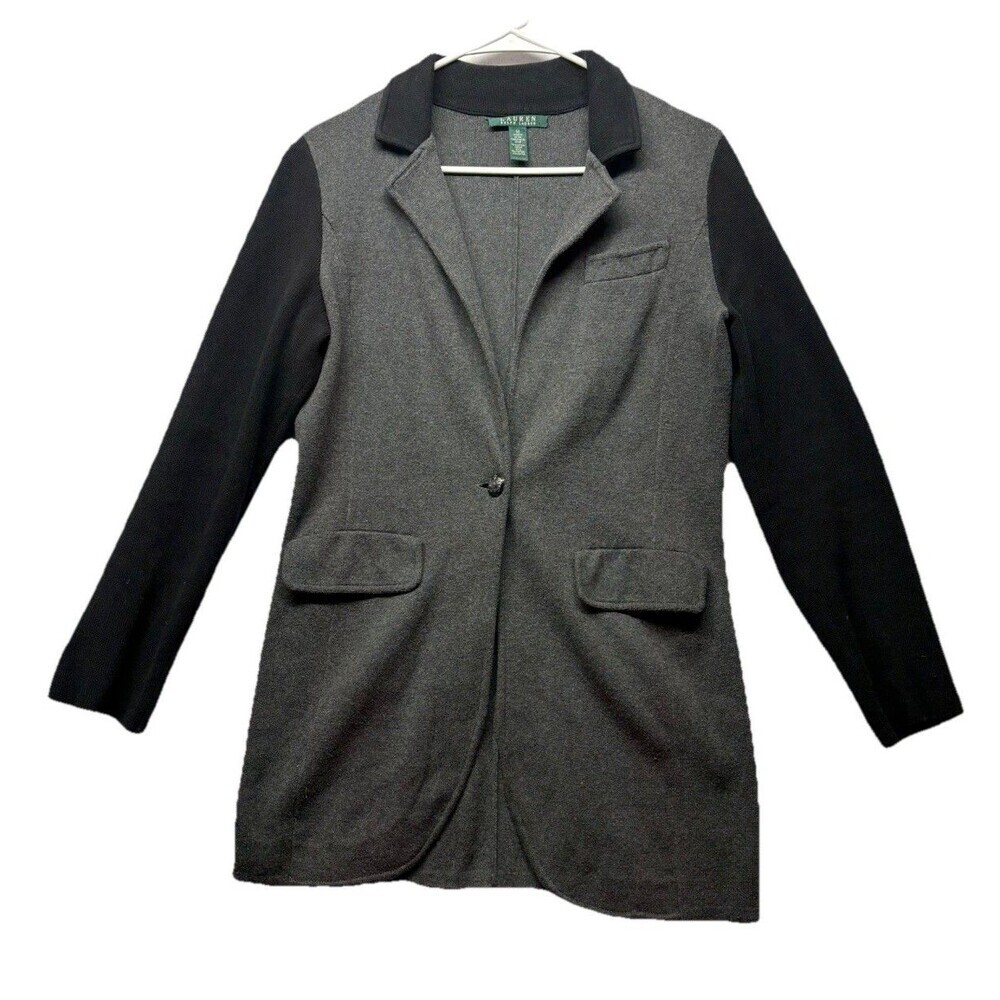 Lauren Ralph Lauren Sweater Womens M Gray Black Knit Blazer Coatigan One Button